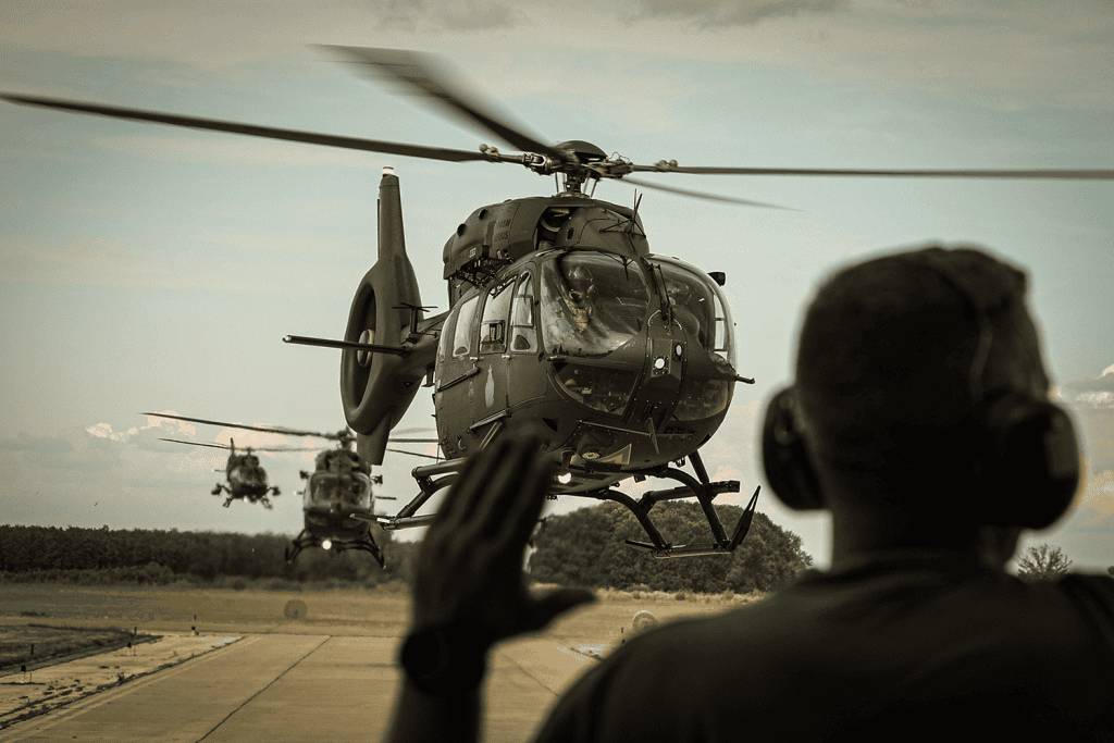Helicopter with plastic composite blades during flight testing.