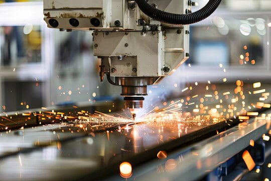 Industrial machinery welding fluoropolymer sheets in a manufacturing plant.