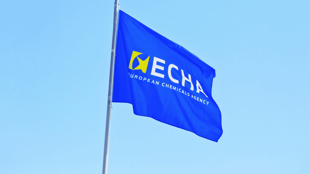 European Chemicals Agency flag flying in the sky, representing chemical safety and regulation.