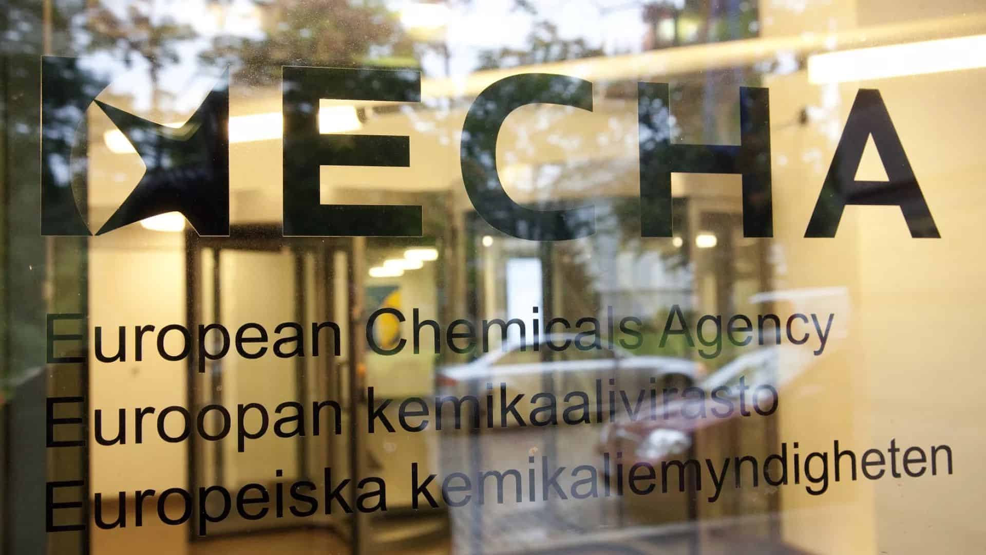 ECHA logo with European Chemicals Agency text on reflective glass surface.