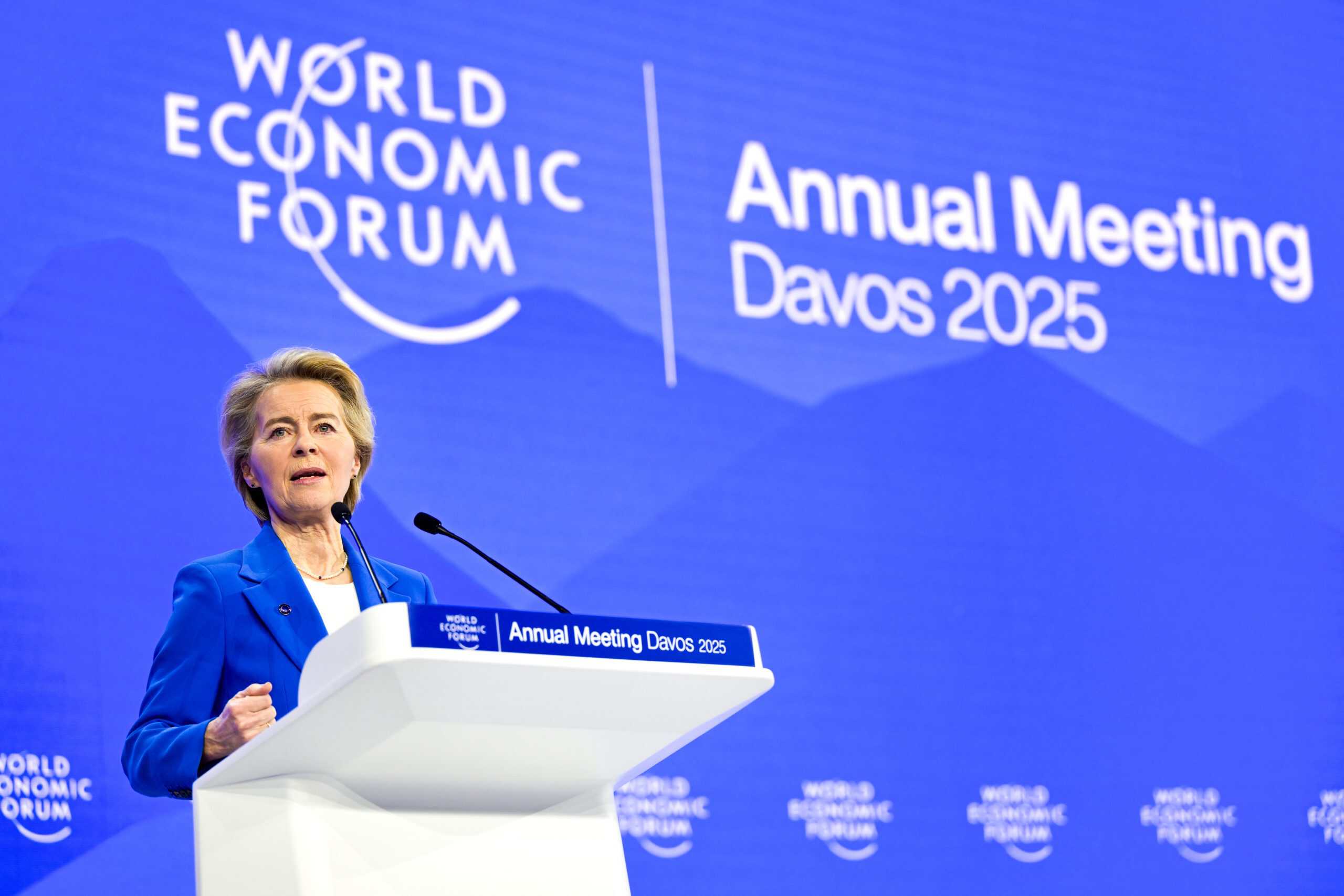 Ursula von der Leyen speaking at the World Economic Forum Davos 2025 about plastics and sustainabili.
