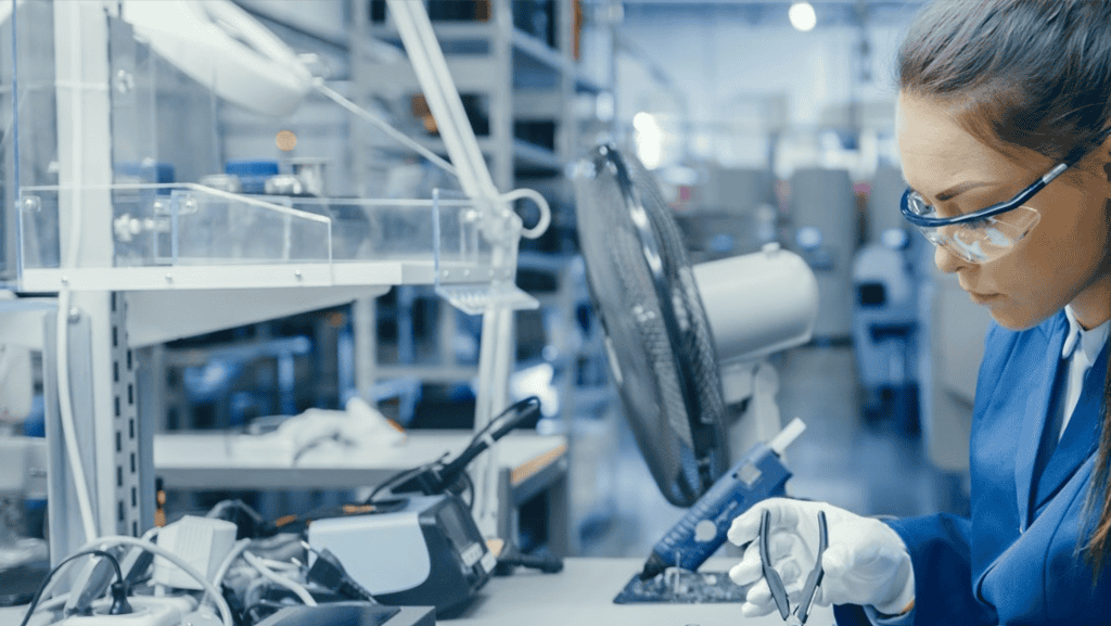 Woman working with plastics in a laboratory setting at a plastics manufacturing facility.