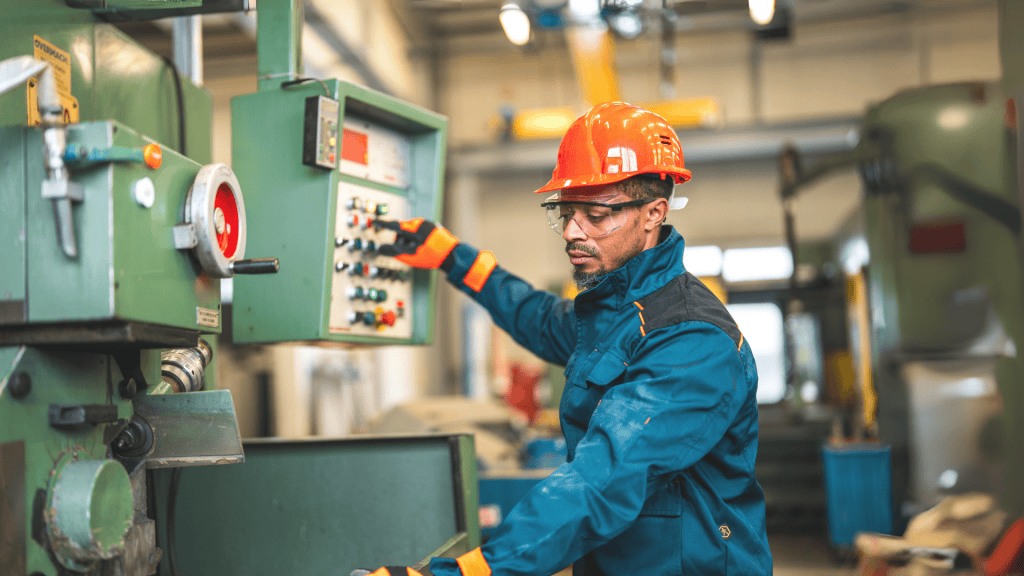 Plastic manufacturing worker operating machinery at a factory.